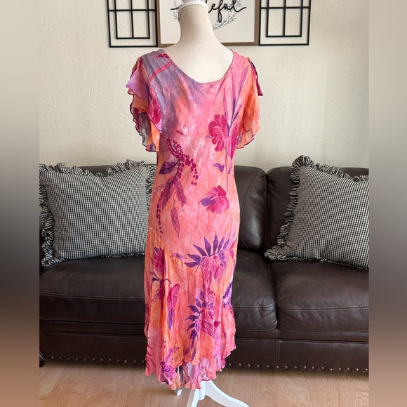 Vintage PHOOL Bright & Colorful Floral Dress Ruffle Asymmetrical Hem Rare 90s - Picture 9 of 15